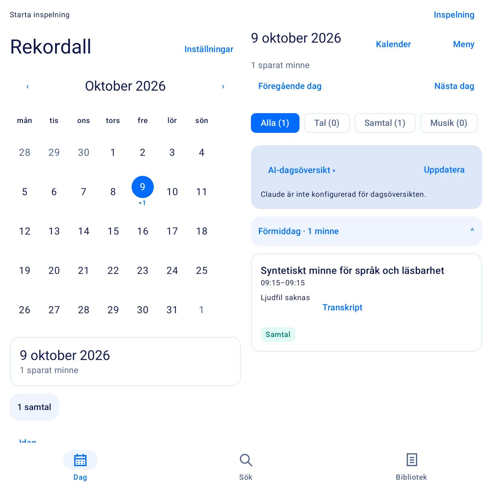 Dagvyn: kalender för oktober 2026 och dygnets sparade minnen med filter för tal, samtal och musik.