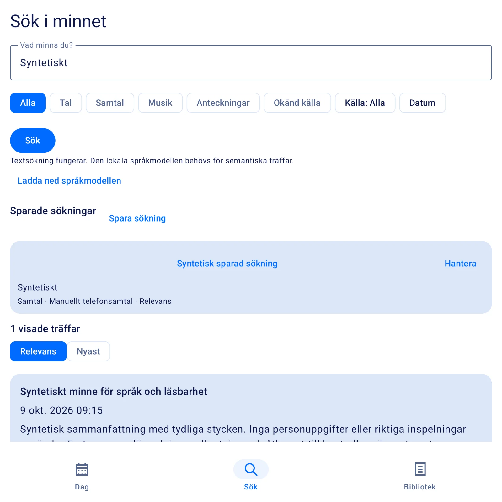 Sök i minnet: filter för tal, samtal, musik och anteckningar, sparade sökningar och träffar efter relevans.